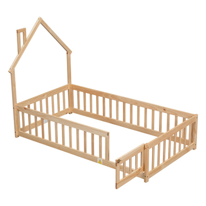 Metal House Floor Bed with Fence – Natural