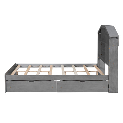 Full Platform Bed with Storage Headboard Gray