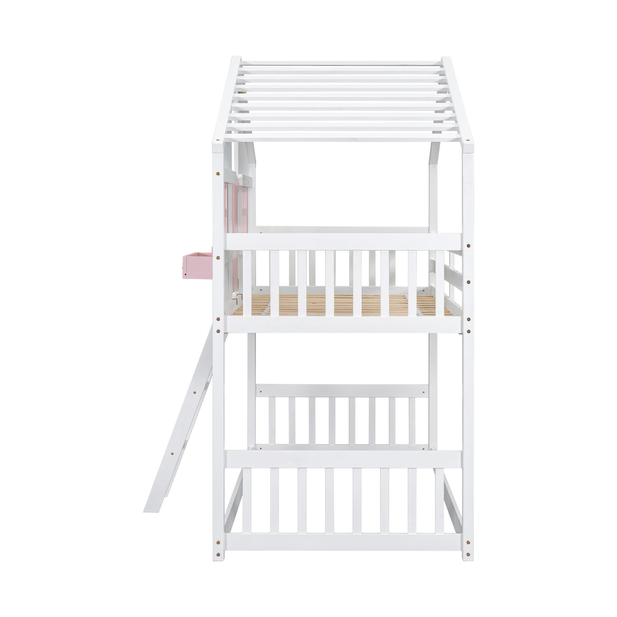 Twin House Bunk Bed with Ladder Pink White