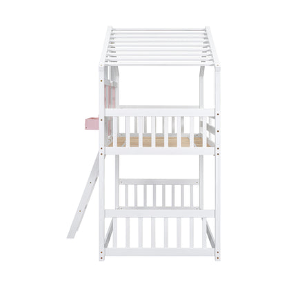 Twin House Bunk Bed with Ladder Pink White