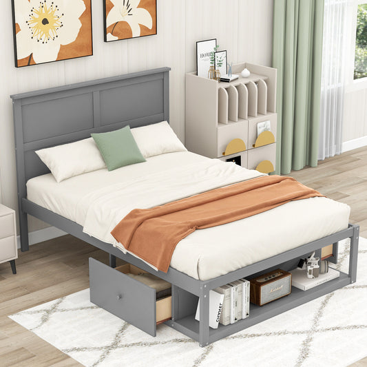 Full Platform Bed with Drawers – Gray Finish