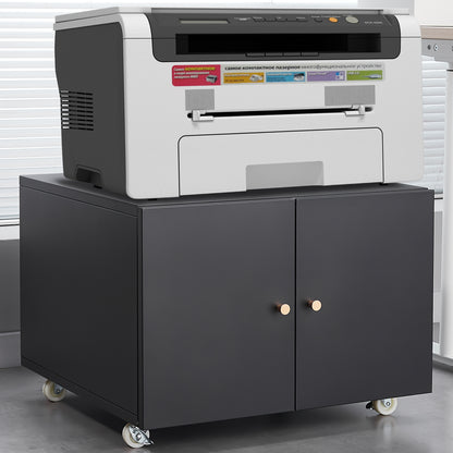 White Mobile Copier Cabinet – 2-Door Steel File & Printer Stand with Locking Wheels