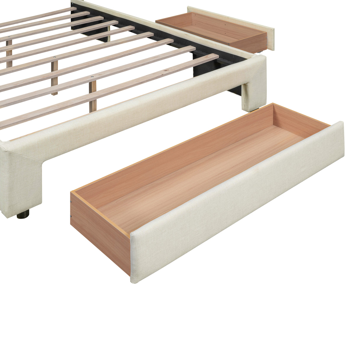 Upholstered Platform Bed with Drawers Beige
