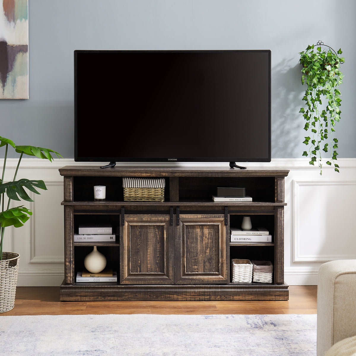 Mid-Century Sliding Door TV Cabinet Brown