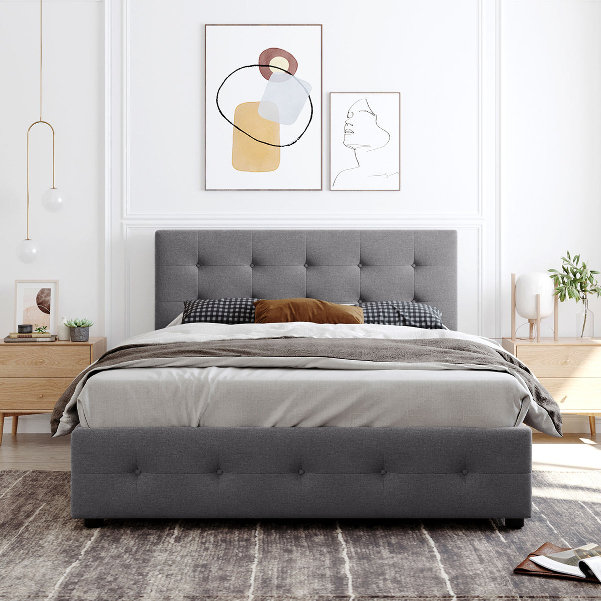 Upholstered Platform Bed with Drawers Light Gray