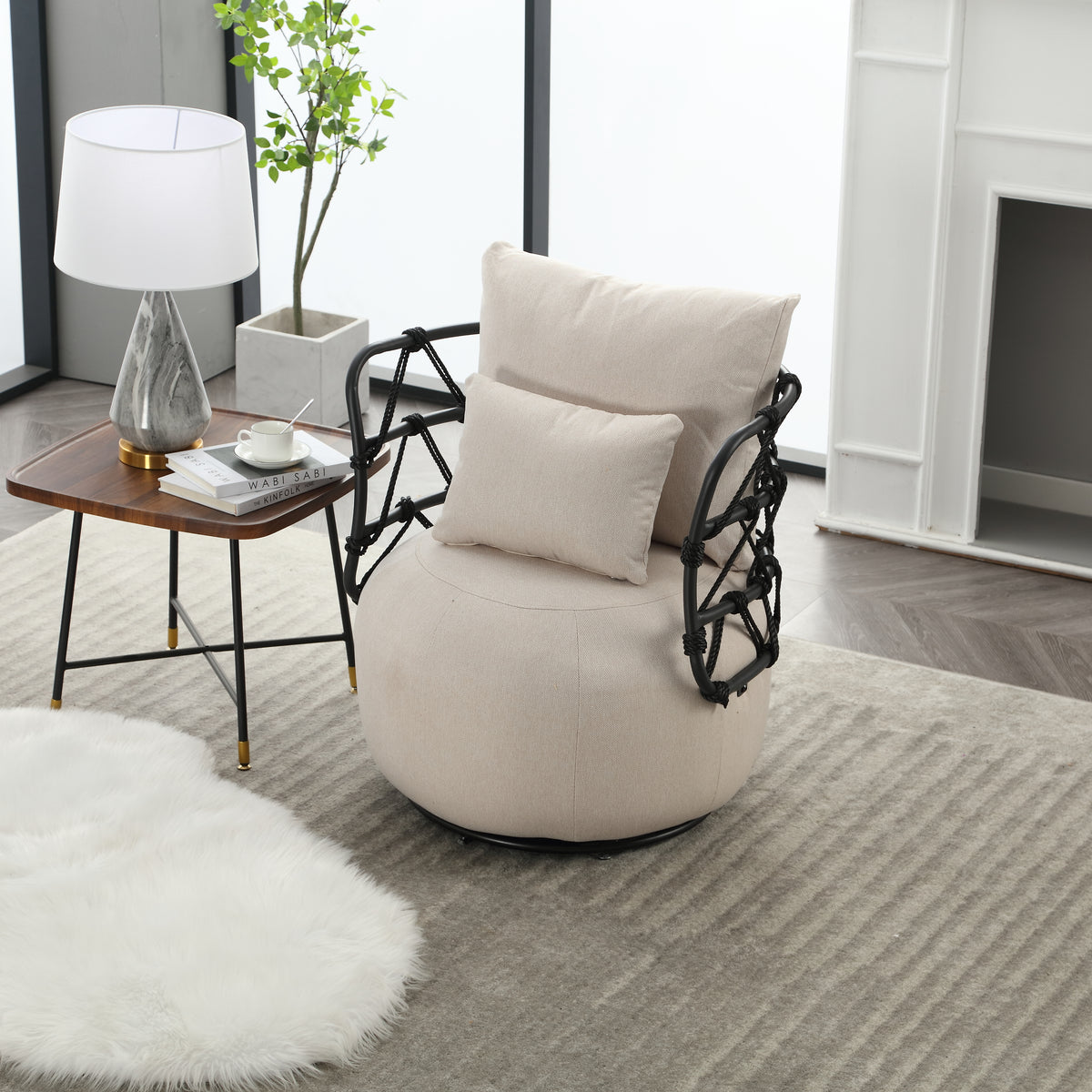 Tufted Linen Accent Chair – Metal Stand