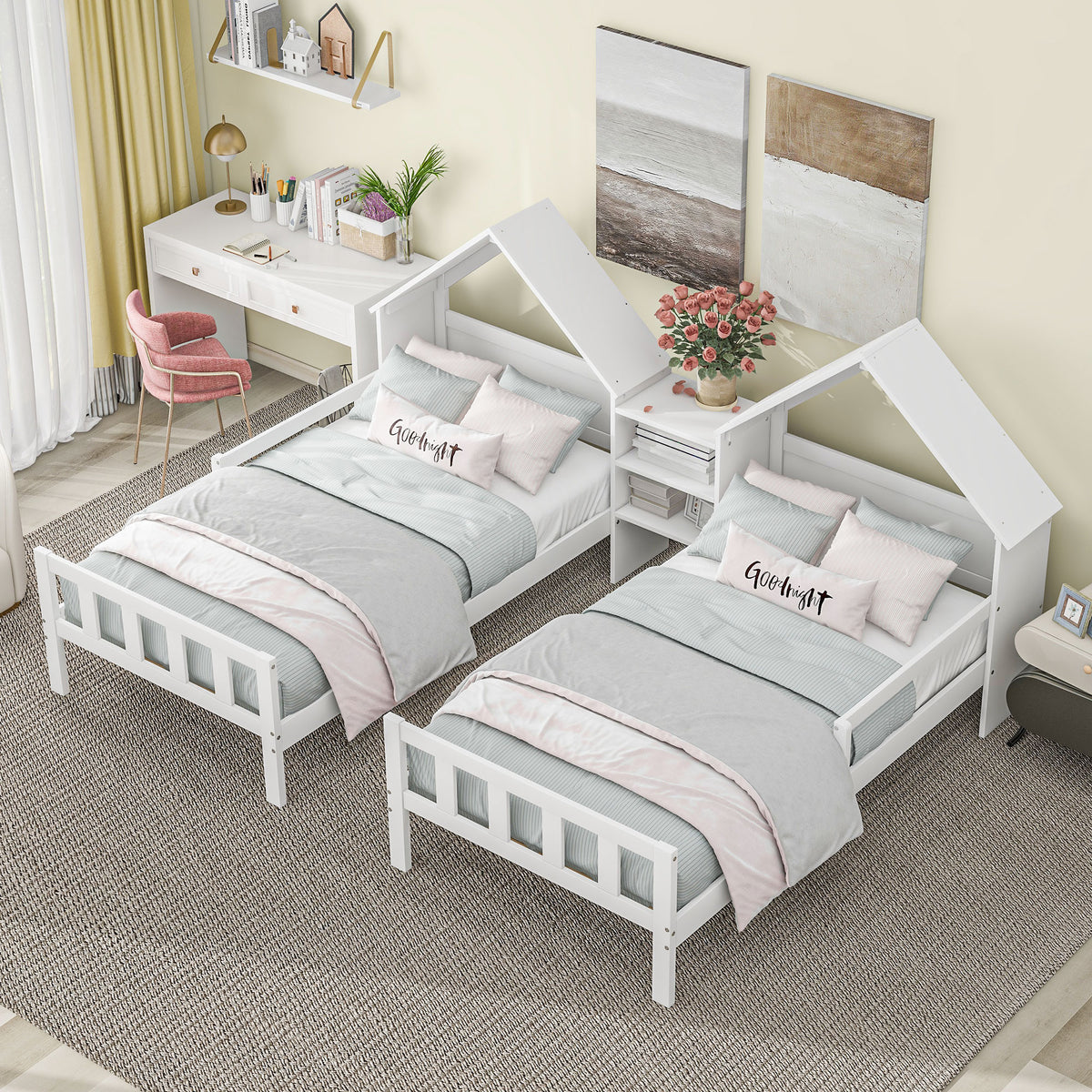 Twin Platform Bed with Built-In Nightstand White