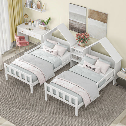 Twin Platform Bed with Built-In Nightstand White
