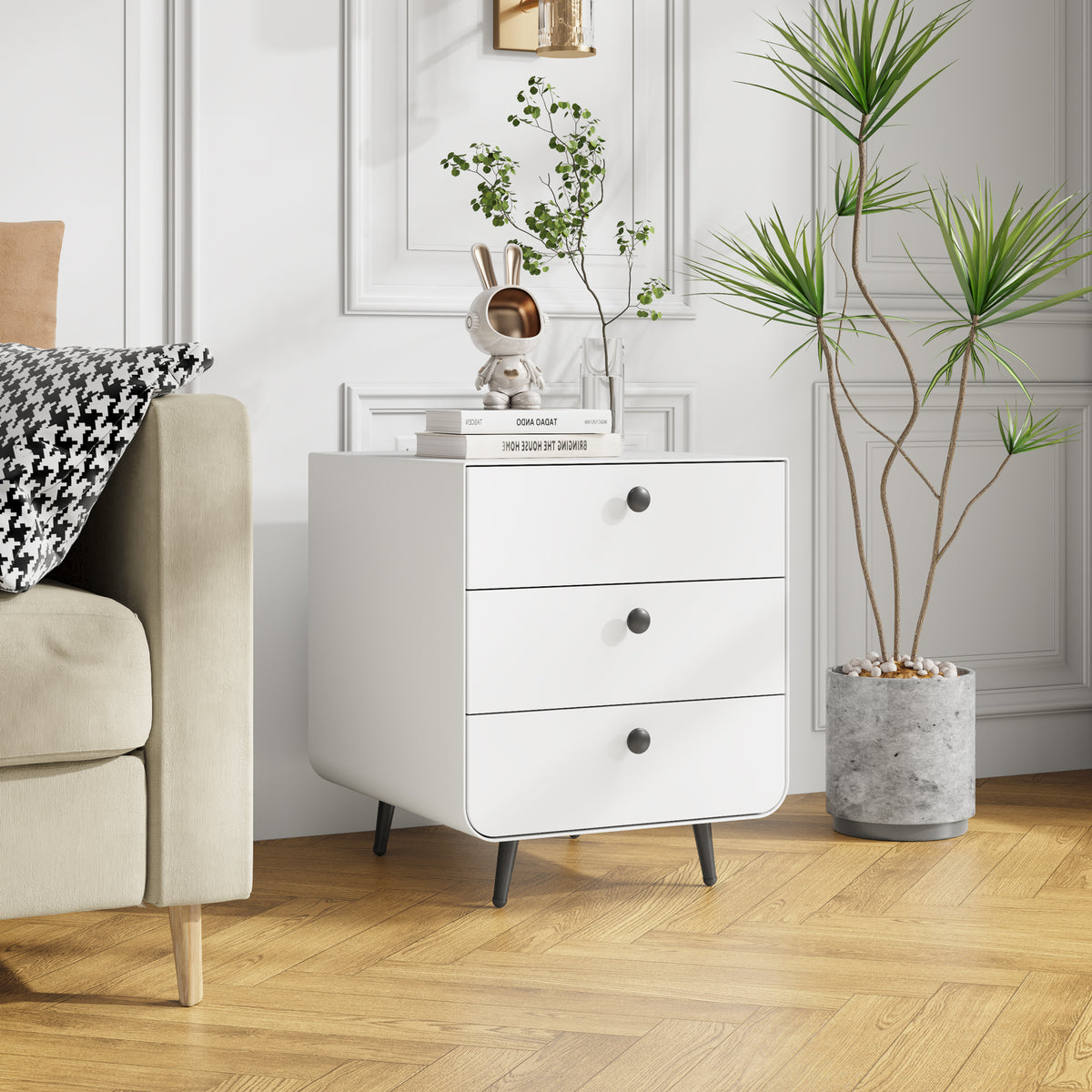 Modern Steel Bedside Table with 3 Drawers