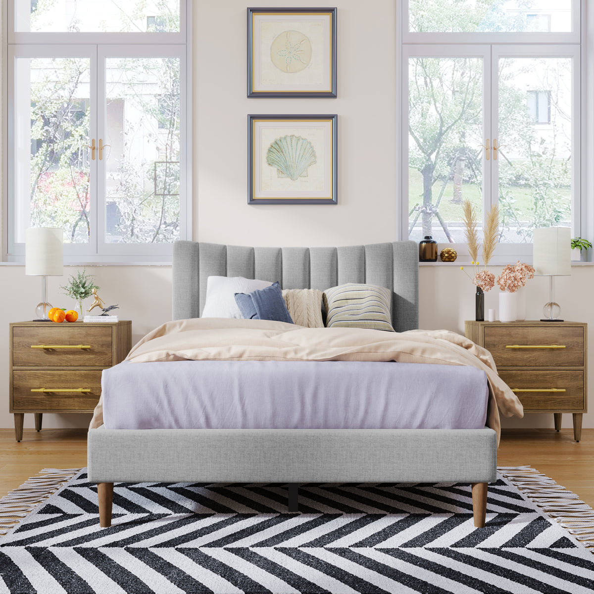 Upholstered Platform Bed with Vertical Channel Headboard Gray