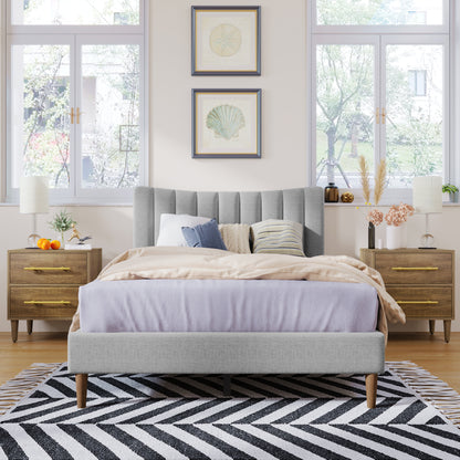 Upholstered Platform Bed with Vertical Channel Headboard Gray