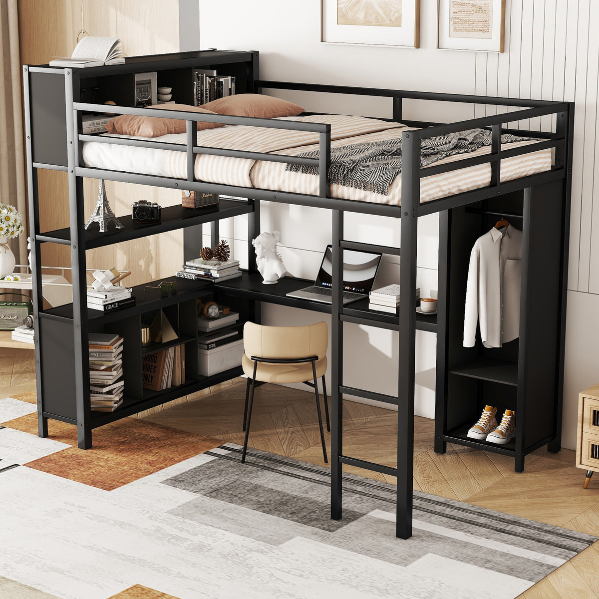 Metal L-Shaped Loft Bed – Black