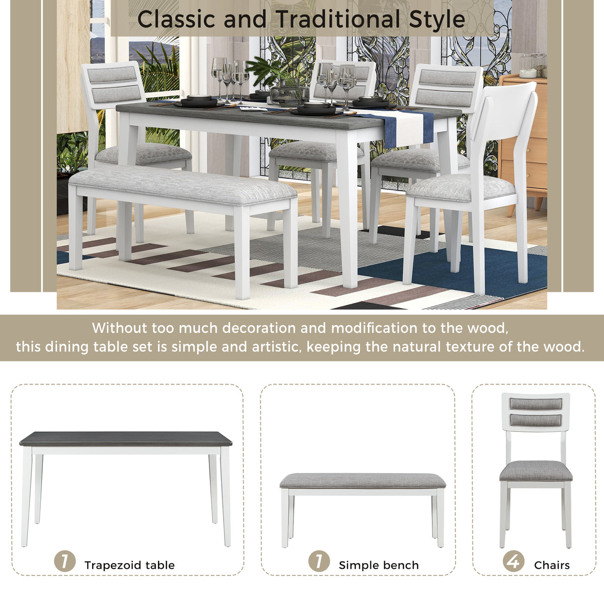 6-Piece Dining Set with Bench White and Gray
