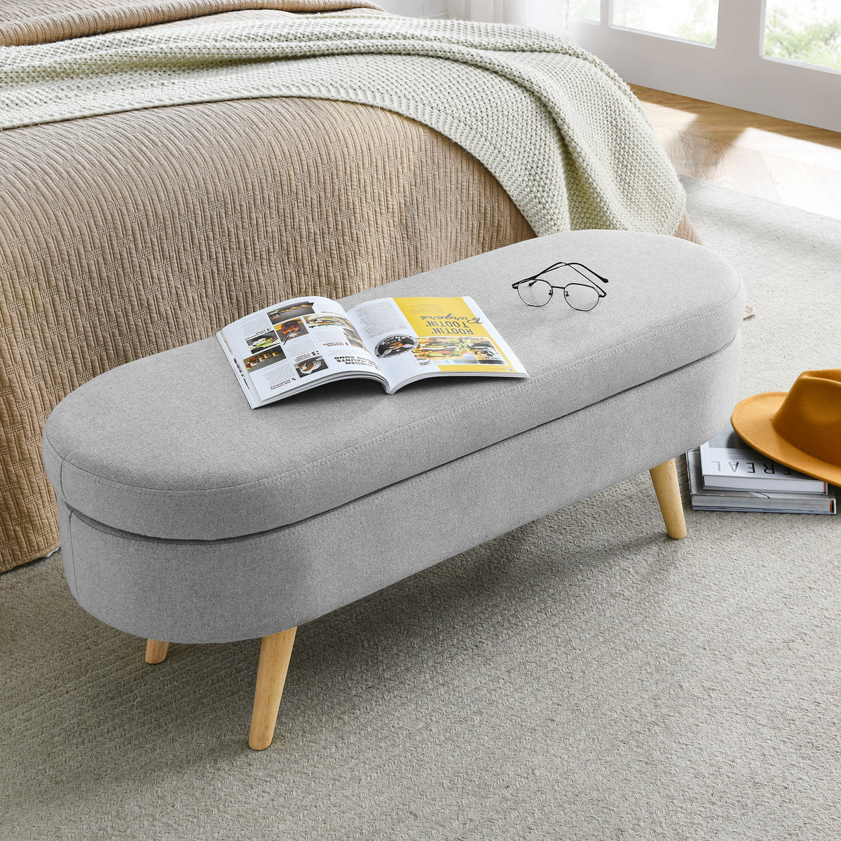 Oval Lift-Top Storage Ottoman – Gray
