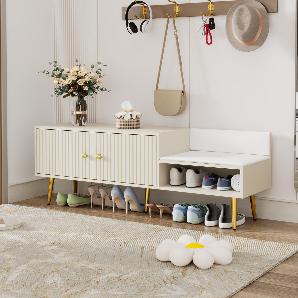 Modern Hidden Storage Bench White Upholstered Seat