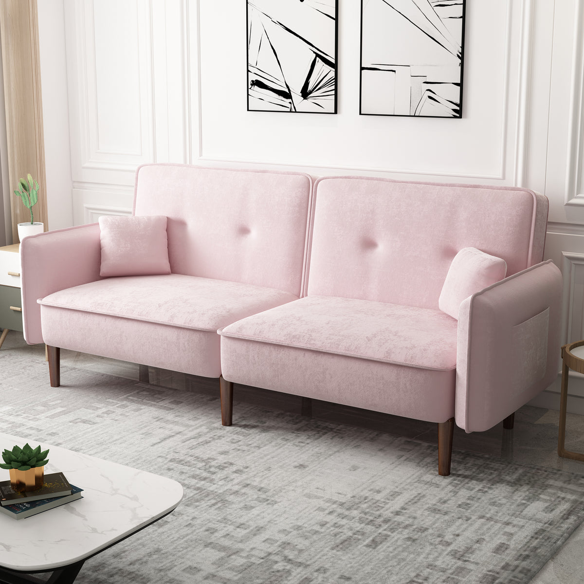 Pink Velvet Convertible Sofa Bed – Wood Legs