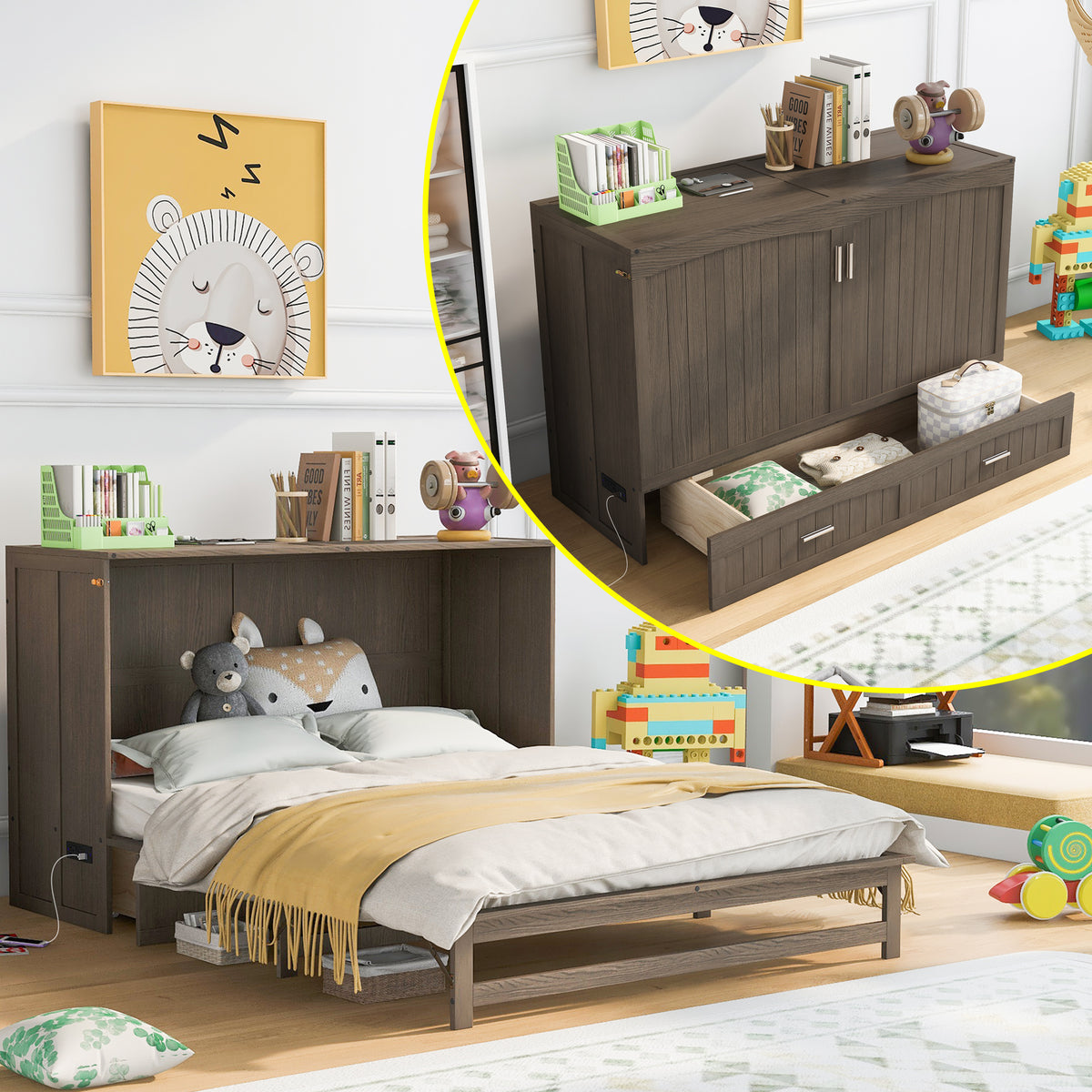 Queen Murphy Bed with Built-In Charging Station – Beige