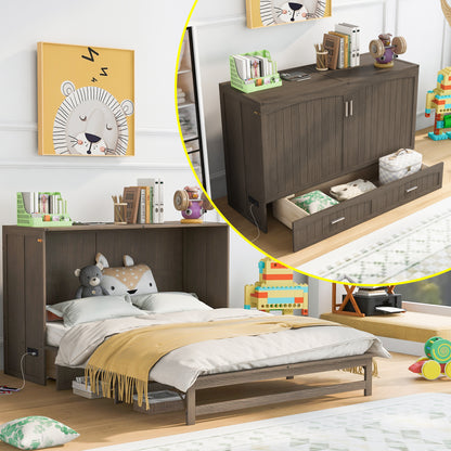 Queen Murphy Bed with Built-In Charging Station – Beige