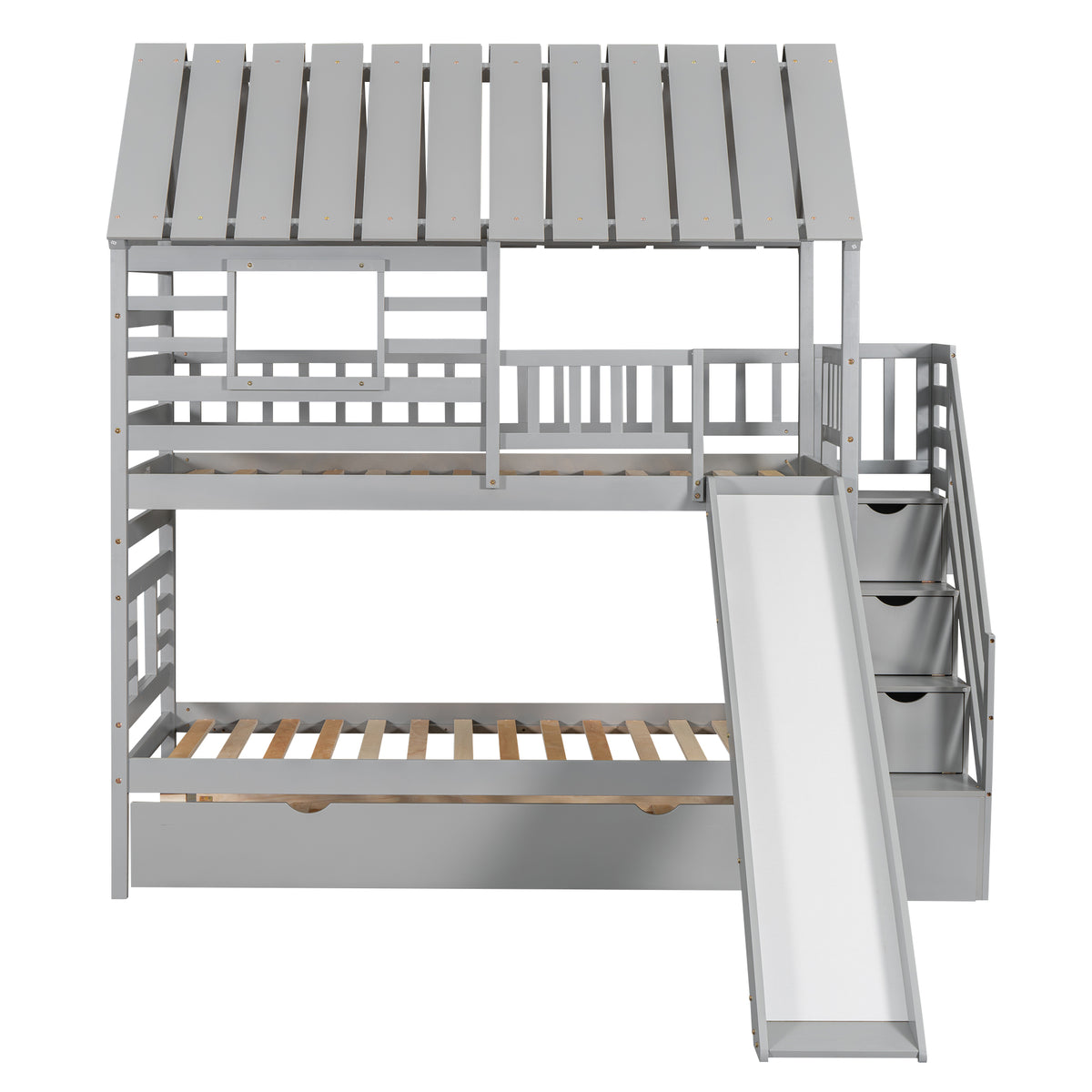 Twin Bunk Bed with Roof and Ladder Gray