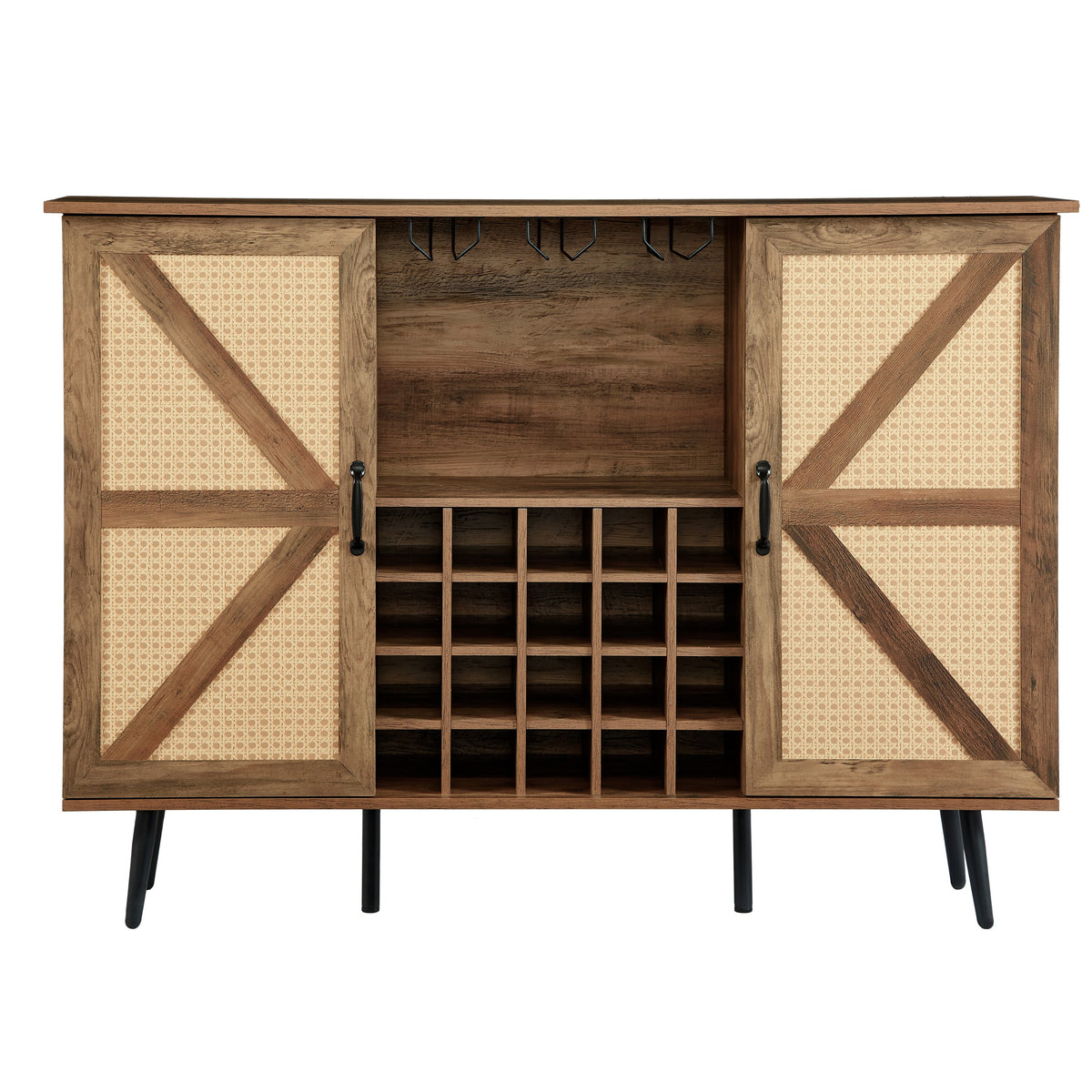 Oak Faux Rattan Wine Cabinet with Removable Shelves