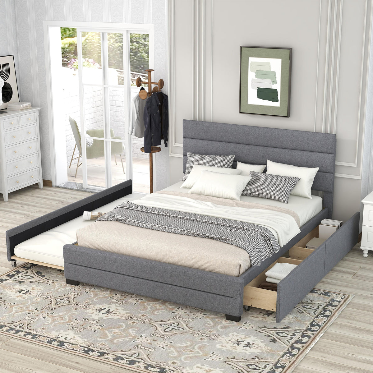 Queen Upholstered Bed with Trundle Gray