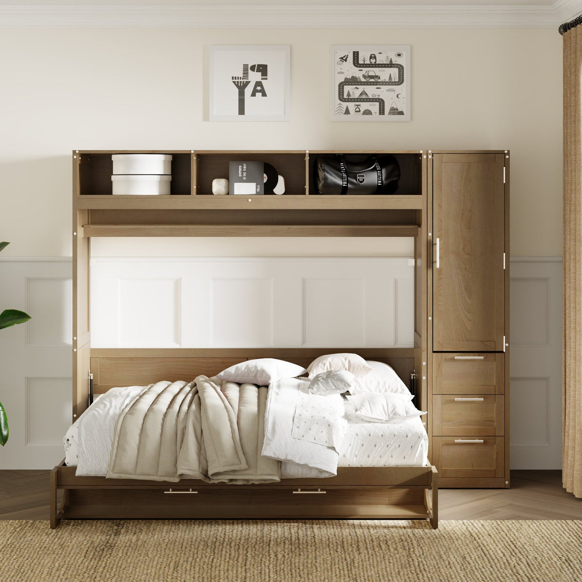Antique Grey Murphy Bed with Storage Drawers