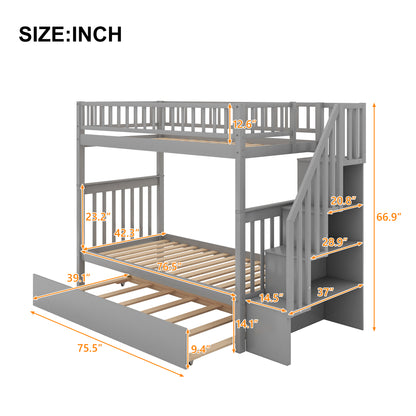 Twin Over Twin Bunk Bed with Trundle Gray