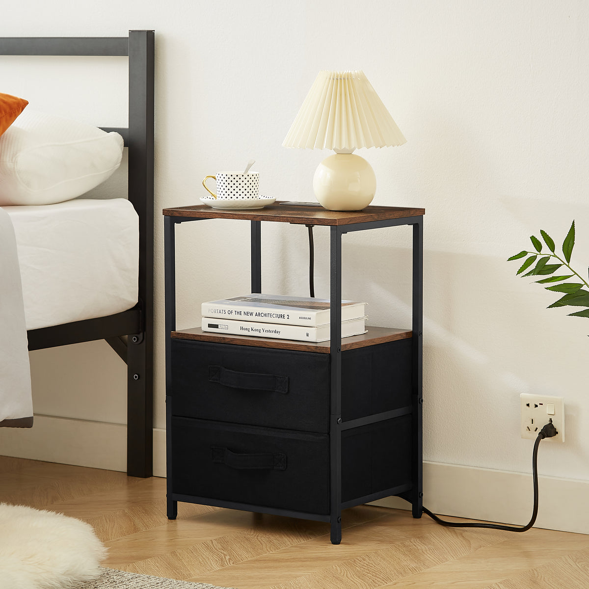Bedside Table with USB Charging and Storage Drawers