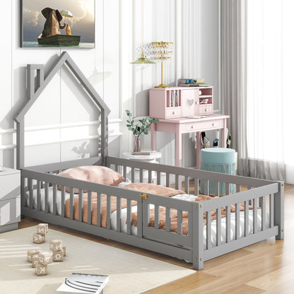 Twin House Bed with Fence Gray