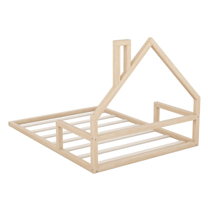 Full Wood Platform Bed with Fence Natural