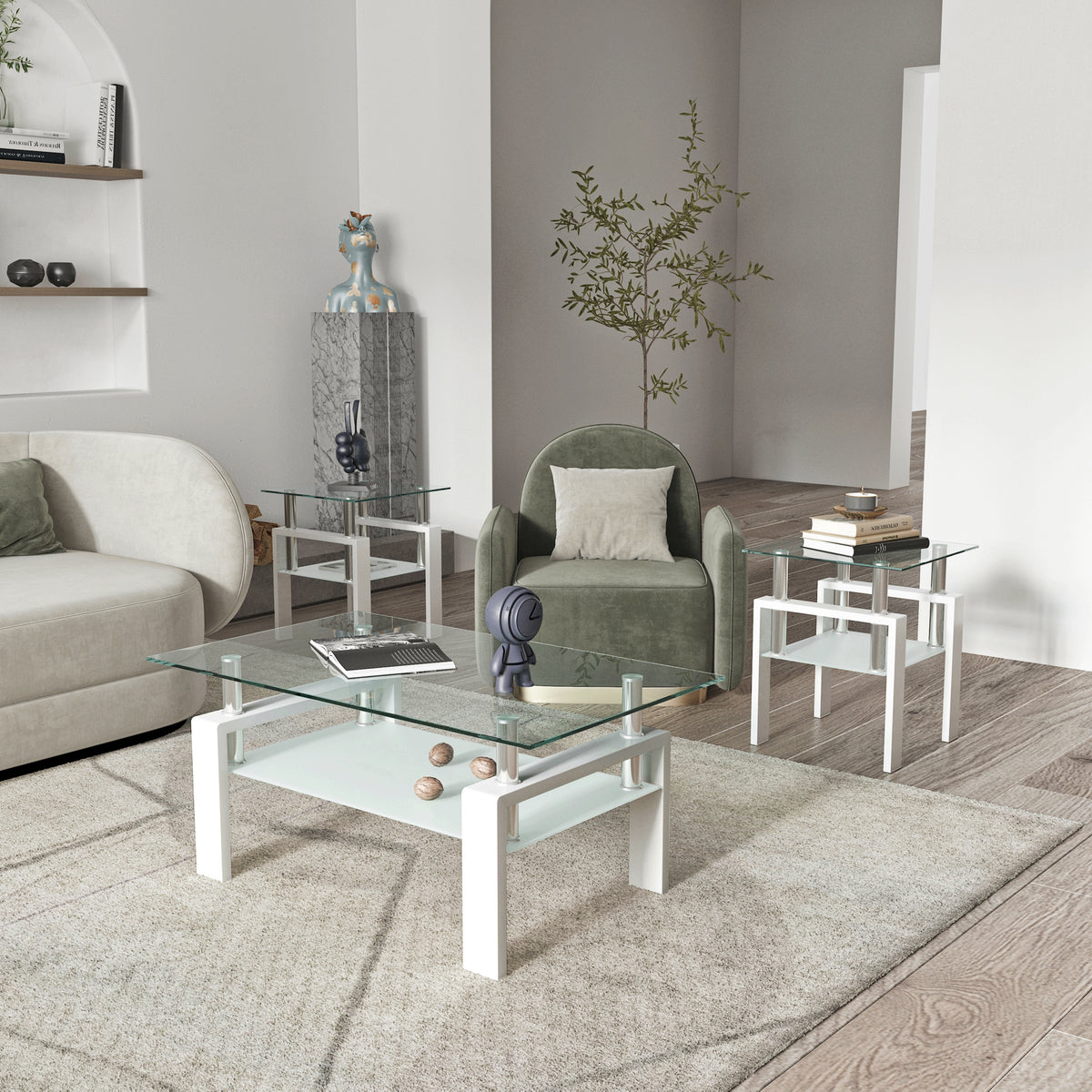 Set of 2 Glass Coffee Tables – Transparent White