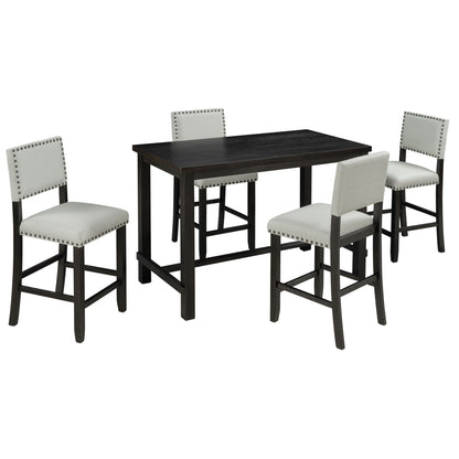 Espresso 5-Piece Counter Height Dining Set – Solid Wood Table with Upholstered Chairs