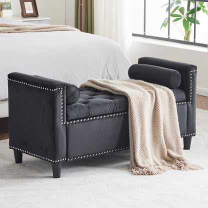 44-Inch Velvet Storage Bench with Armrests Black