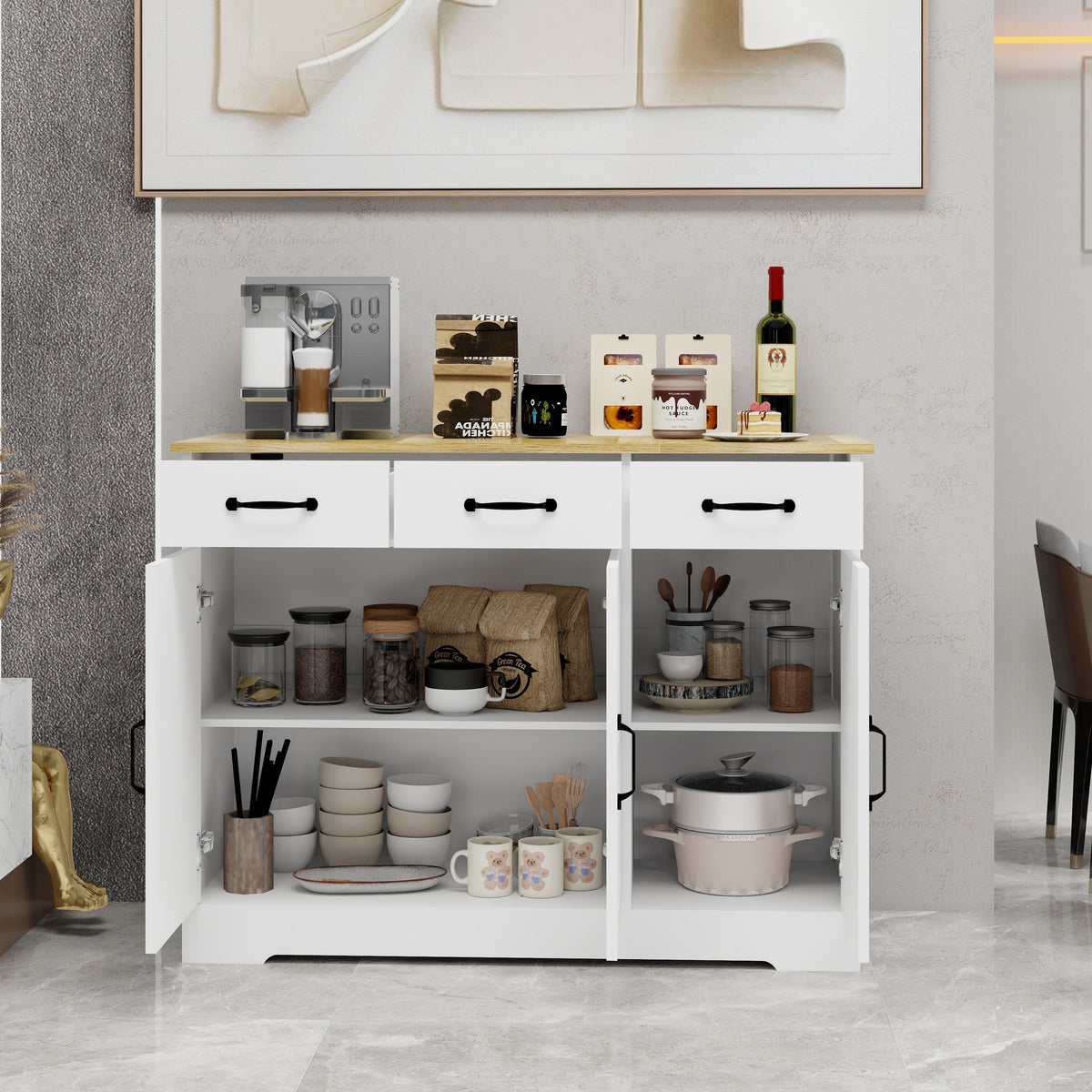 Farmhouse Buffet Sideboard – White 3-Door Cabinet