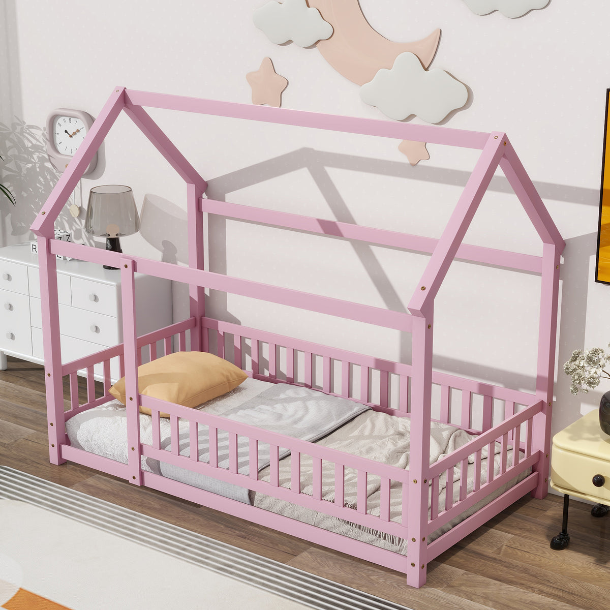 Twin Floor Bed with Fence Guardrails Pink