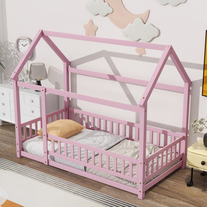 Twin Floor Bed with Fence Guardrails Pink
