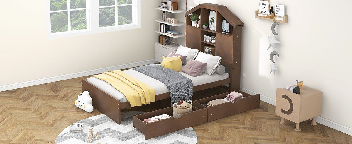 Twin Platform Bed with Storage Drawers Walnut