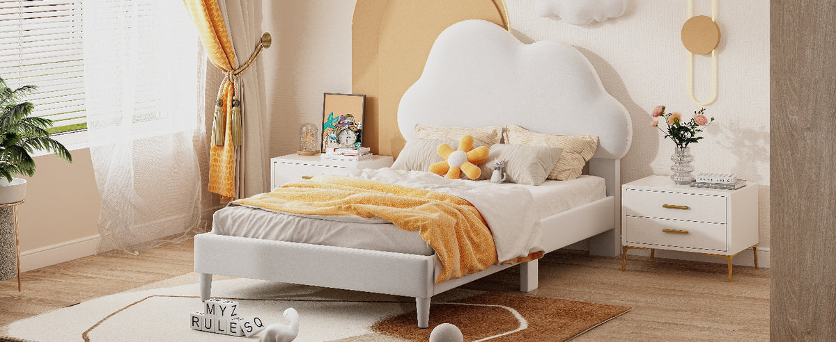 Twin Velvet Platform Bed with Headboard Beige
