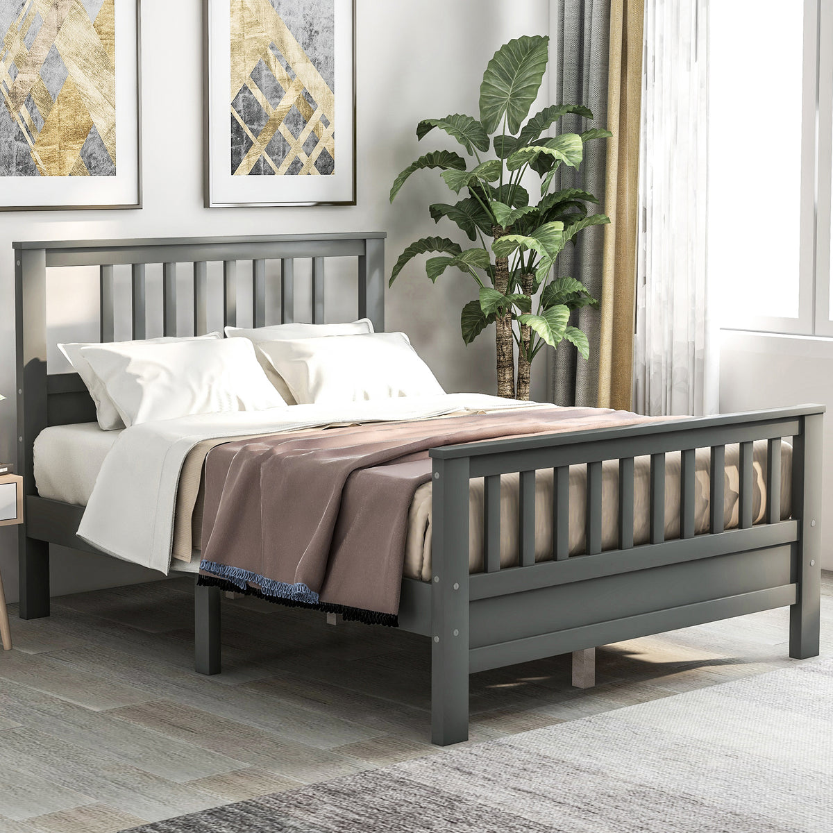 Wooden Platform Bed with Footboard Gray
