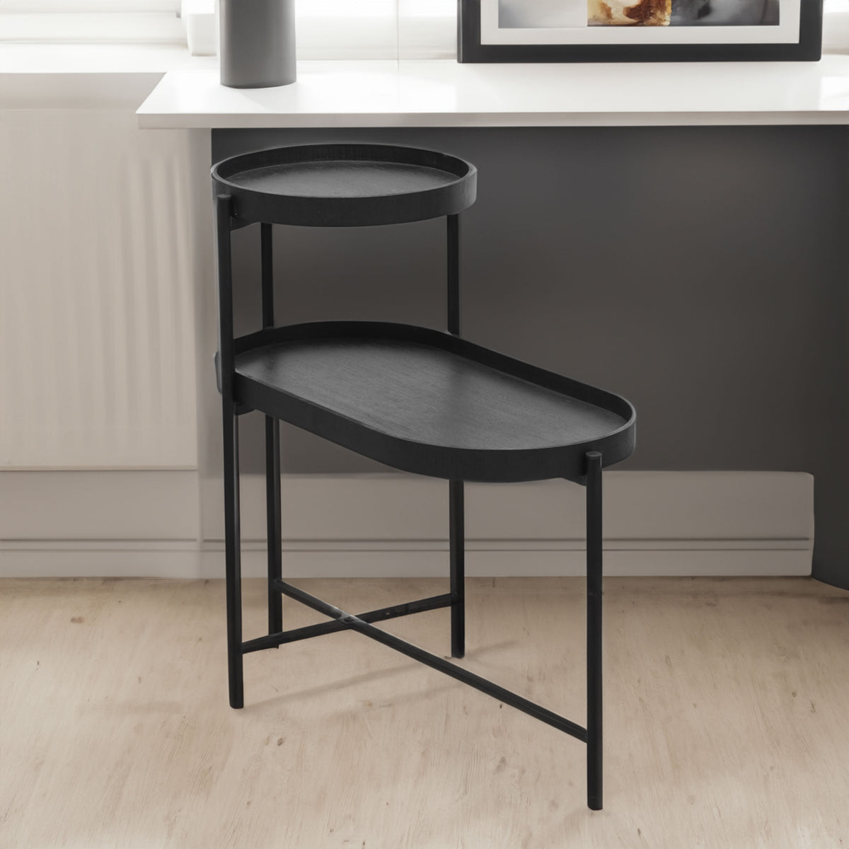 Black End Table with Storage and Metal Frame
