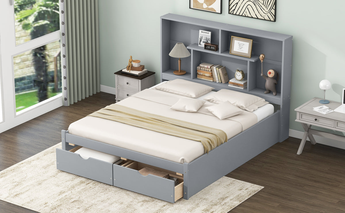 Queen Platform Bed with Storage Drawers Gray