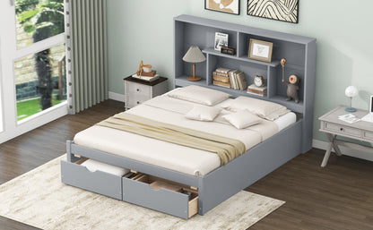 Queen Platform Bed with Storage Drawers Gray
