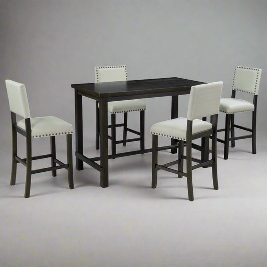 Espresso 5-Piece Counter Height Dining Set – Solid Wood Table with Upholstered Chairs