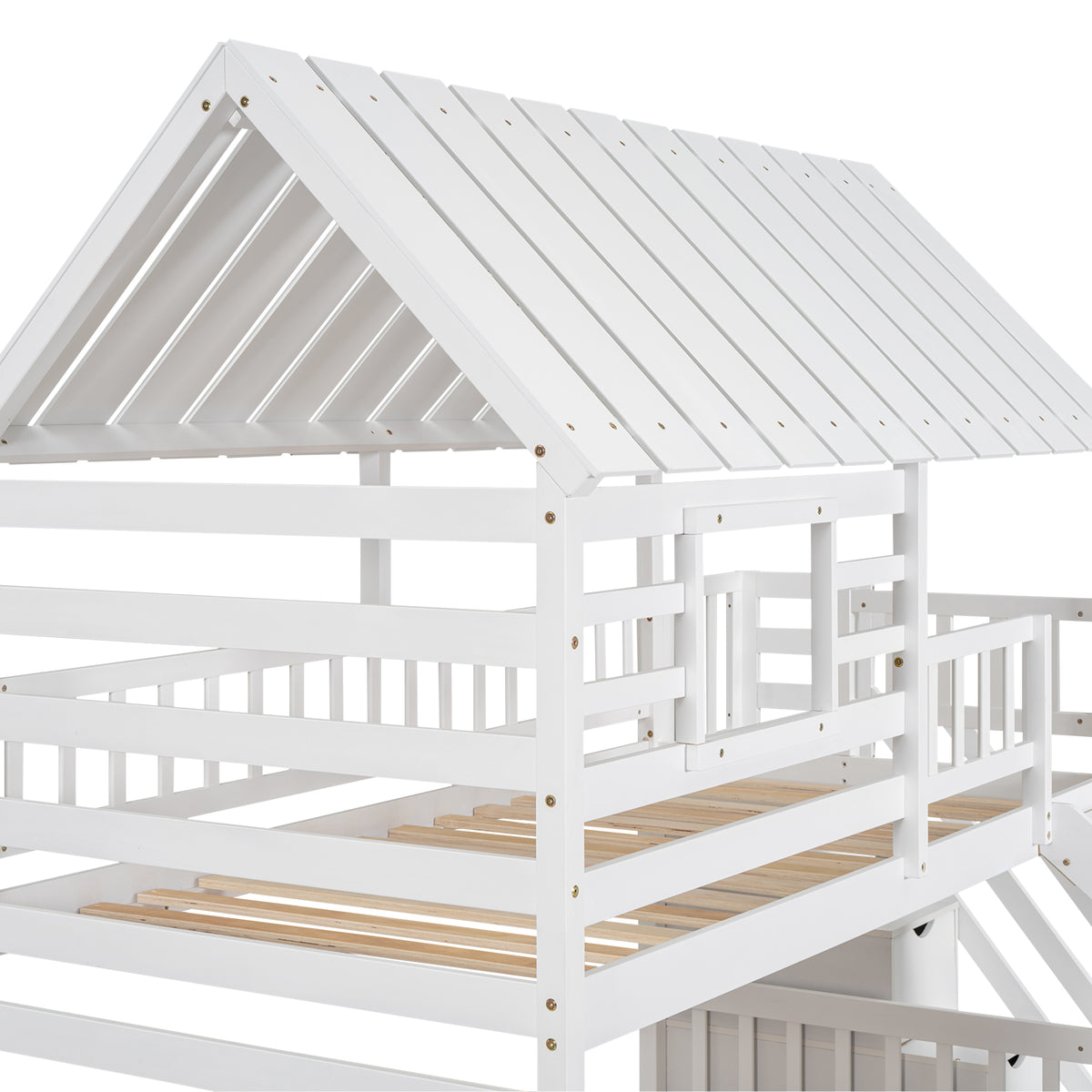 Twin Over Twin Bunk Bed with Roof Staircase White