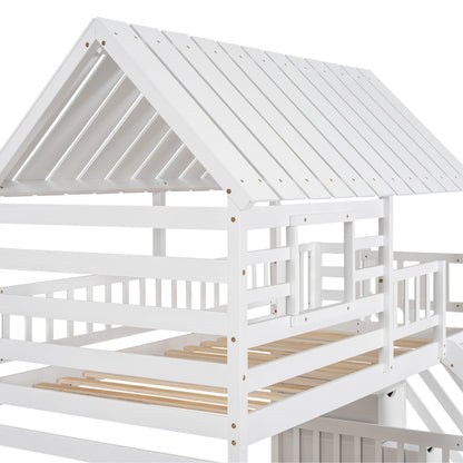 Twin Over Twin Bunk Bed with Roof Staircase White