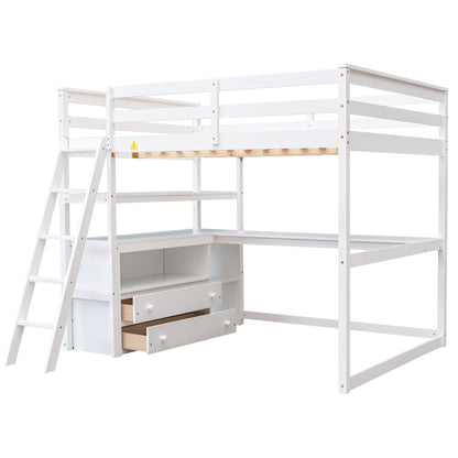 Full Loft Bed with Desk and Drawers White