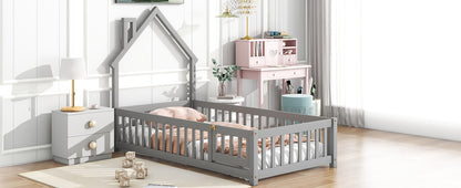 Twin House Bed with Fence Gray