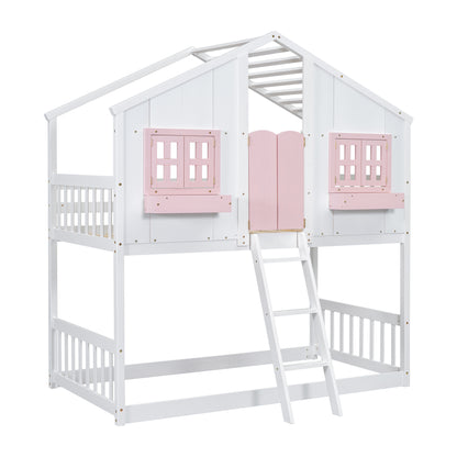 Twin House Bunk Bed with Ladder Pink White