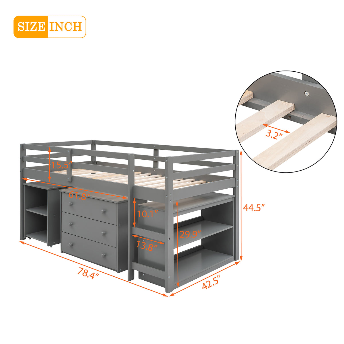 Twin Loft Bed with Desk Gray