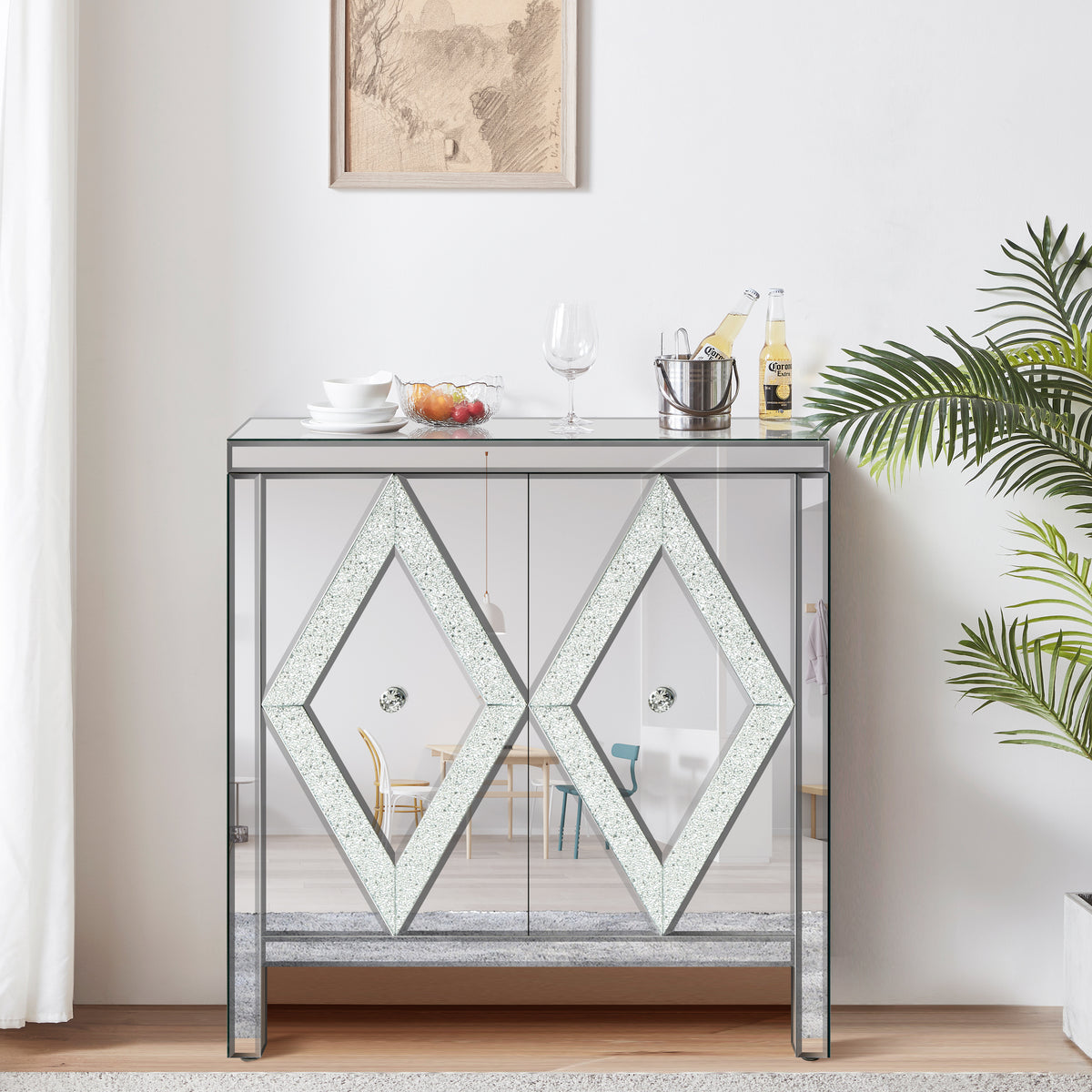 Mirrored Storage Cabinet with Diamond Frame Detailing